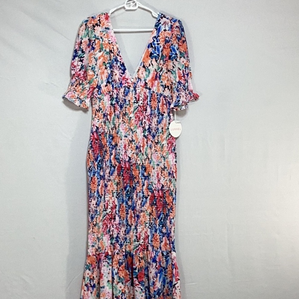 NWT Large Luxxel Multicolor Floral Midi Dress smocked body ruffle - Picture 3 of 16